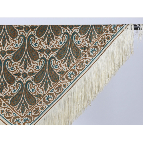 326 - A 1920s-1930s cream silk woven shawl, woven with turquoise and bronze coloured silks in an all ove... 