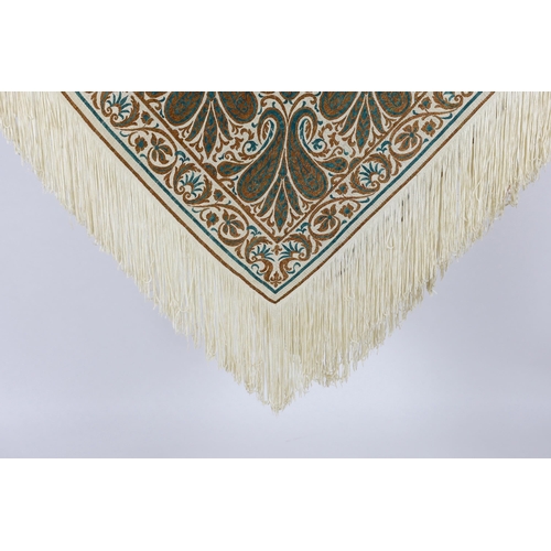 326 - A 1920s-1930s cream silk woven shawl, woven with turquoise and bronze coloured silks in an all ove... 