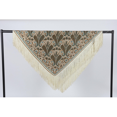 326 - A 1920s-1930s cream silk woven shawl, woven with turquoise and bronze coloured silks in an all ove... 