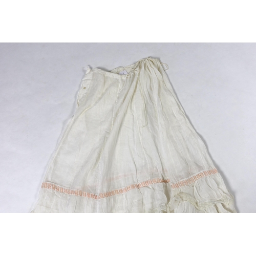 328 - Three Victorian white worked petticoats; one two tiered, one lace trimmed with ribboning, the third ... 