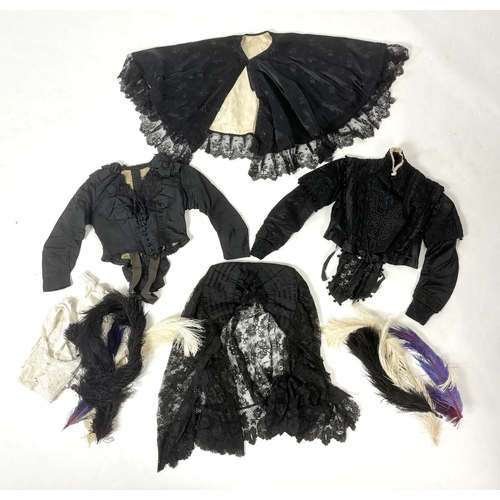 329 - Two ladies Victorian black satin and lace, bead trimmed bodices, together with a black lace cape, a ... 