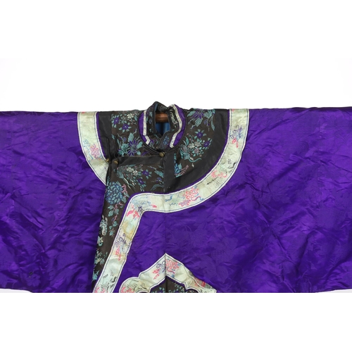 333 - A Chinese purple damask jacket, circa late 19th / early 20th century, decorated with black and turqu... 