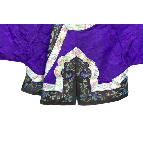 333 - A Chinese purple damask jacket, circa late 19th / early 20th century, decorated with black and turqu... 