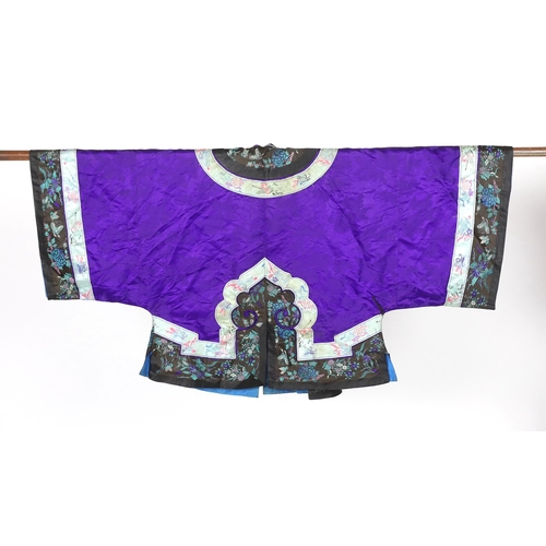 333 - A Chinese purple damask jacket, circa late 19th / early 20th century, decorated with black and turqu... 