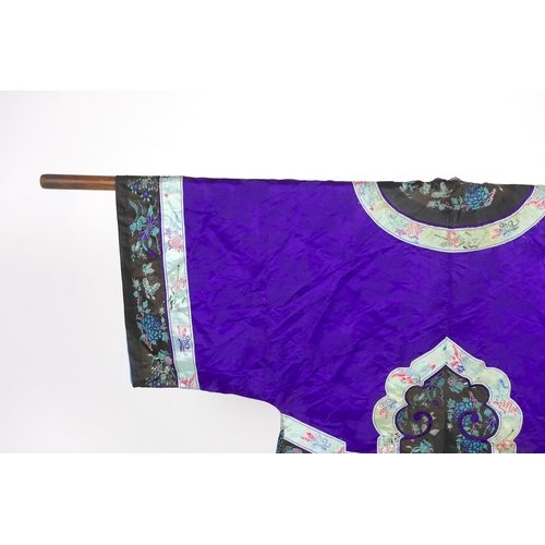 333 - A Chinese purple damask jacket, circa late 19th / early 20th century, decorated with black and turqu... 