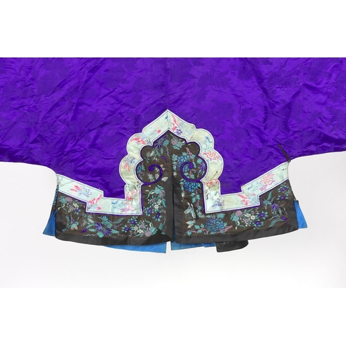 333 - A Chinese purple damask jacket, circa late 19th / early 20th century, decorated with black and turqu... 