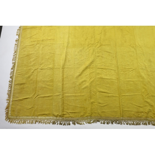 343 - A large Regency yellow silk curtain, with fringed base, French short loom ribbed silk panels made in... 