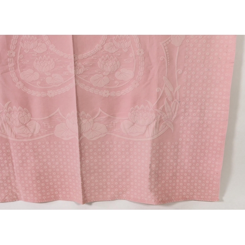 345 - An early 20th century pink lily pad and bull rush designed woven Marcella bedspread, 192cm wide, 2... 