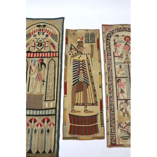 346 - Four 1930s Egyptian appliqué wall panels, (a pair and two single panels), decorated with various hi... 