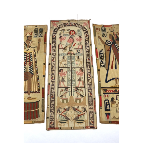 346 - Four 1930s Egyptian appliqué wall panels, (a pair and two single panels), decorated with various hi... 