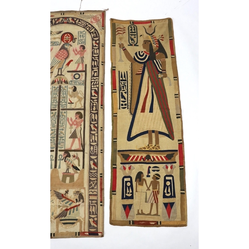 346 - Four 1930s Egyptian appliqué wall panels, (a pair and two single panels), decorated with various hi... 