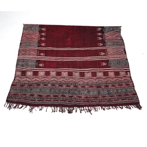 349 - A Tunisian Amazigh, Berber maroon and white woven wool wall hanging, possibly  107 x 125cm