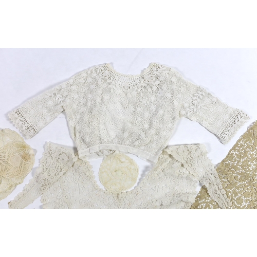 355 - An Edwardian handmade Irish crocheted ladies blouse (small size), a Brussels hand bobbin lace Bertha... 