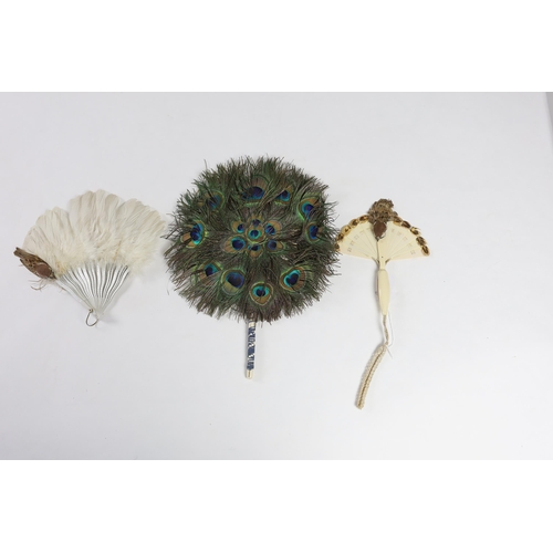 360 - Two Edwardian early 1920s feather fans with unusual bird decoration together with a peacock fan, on... 