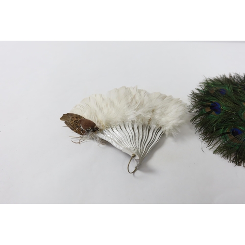 360 - Two Edwardian early 1920s feather fans with unusual bird decoration together with a peacock fan, on... 