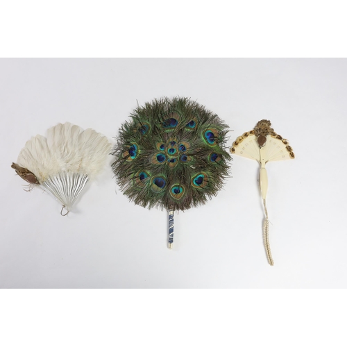 360 - Two Edwardian early 1920s feather fans with unusual bird decoration together with a peacock fan, on... 