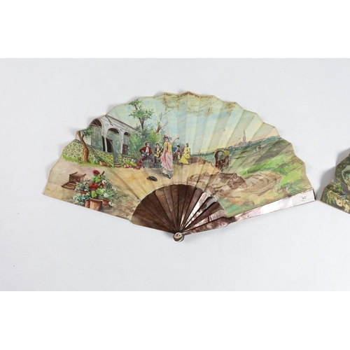 363 - A 19th century mother of pearl and carved bone fan with ornate printed paper leaf, together with a s... 