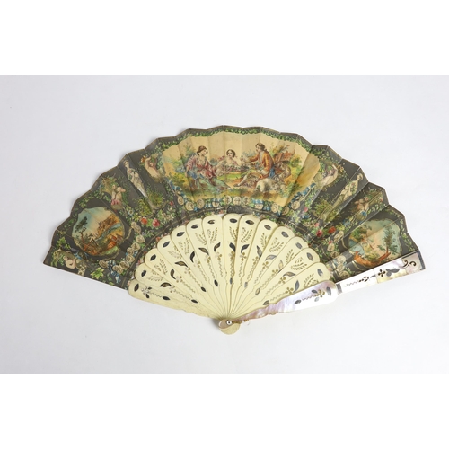 363 - A 19th century mother of pearl and carved bone fan with ornate printed paper leaf, together with a s... 