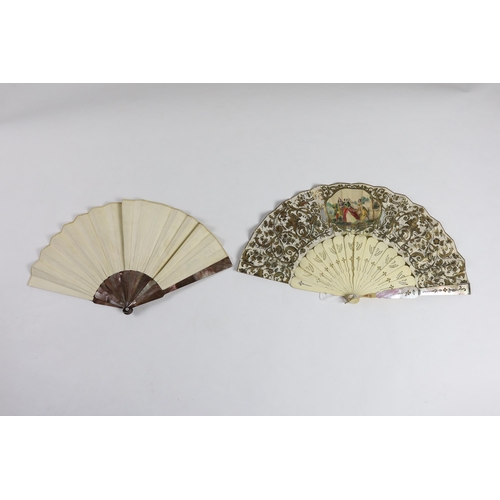 363 - A 19th century mother of pearl and carved bone fan with ornate printed paper leaf, together with a s... 