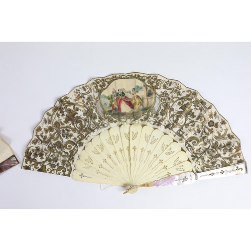 363 - A 19th century mother of pearl and carved bone fan with ornate printed paper leaf, together with a s... 