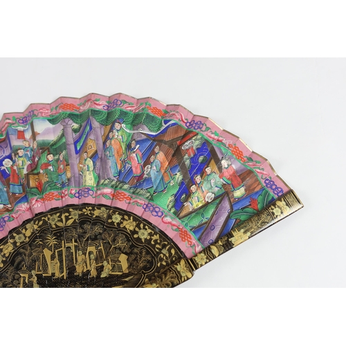 364 - A 19th century Chinese ornately lacquered and hand painted figural leaf fan, the figures on the leaf... 