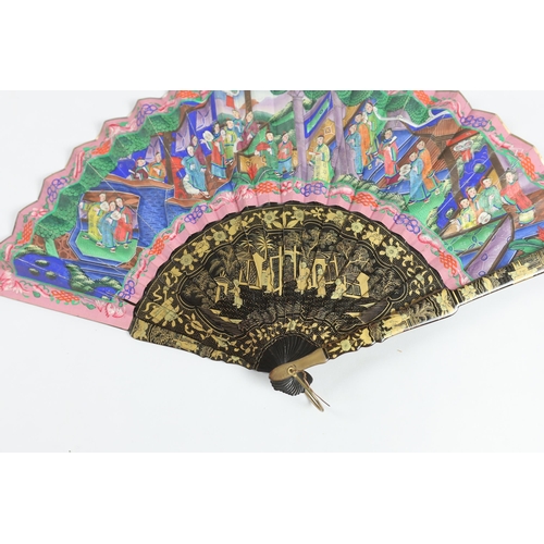 364 - A 19th century Chinese ornately lacquered and hand painted figural leaf fan, the figures on the leaf... 