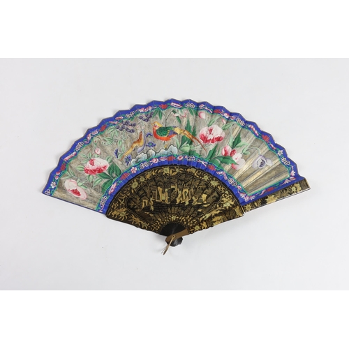 364 - A 19th century Chinese ornately lacquered and hand painted figural leaf fan, the figures on the leaf... 