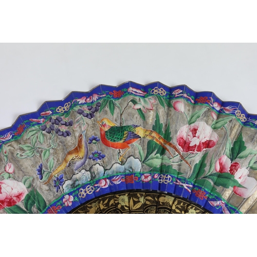 364 - A 19th century Chinese ornately lacquered and hand painted figural leaf fan, the figures on the leaf... 