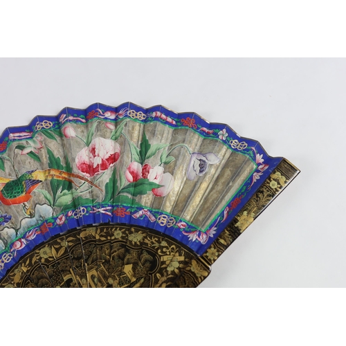 364 - A 19th century Chinese ornately lacquered and hand painted figural leaf fan, the figures on the leaf... 