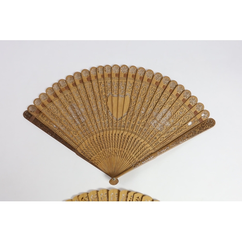 365 - A 19th century Chinese sandalwood brisé fan and a smaller 20th century Chinese sandalwood fan,... 