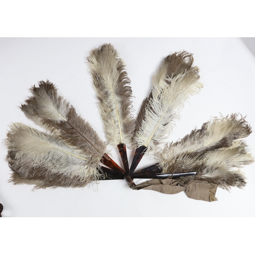 370 - Two early 20th century brown and cream Ostrich feather fans, with tortoiseshell guards, one large fa... 