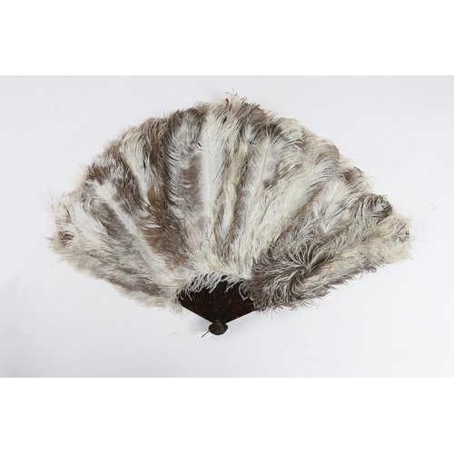 370 - Two early 20th century brown and cream Ostrich feather fans, with tortoiseshell guards, one large fa... 