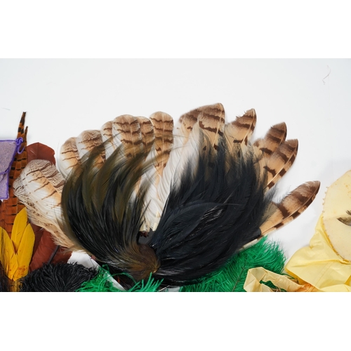 380 - A collection of Edwardian exotic feather hat ornaments, with a collection of coloured ostrich feathe... 