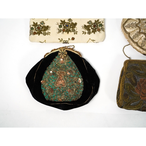 383 - Mixed evening bags; including a 19th century velvet and cut steel handbag, a similar bag, three late... 