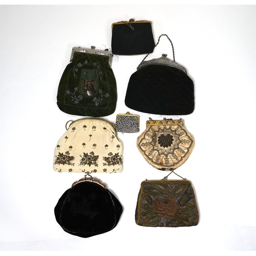 383 - Mixed evening bags; including a 19th century velvet and cut steel handbag, a similar bag, three late... 