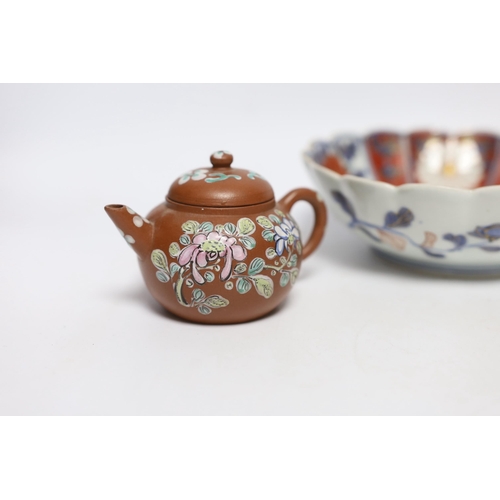 404 - A Chinese enamelled yixing teapot and cloisonné bowl together with a Japanese Imari bowl and a Satsu... 