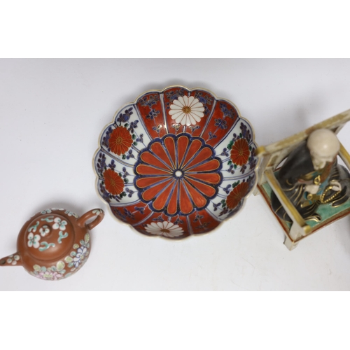 404 - A Chinese enamelled yixing teapot and cloisonné bowl together with a Japanese Imari bowl and a Satsu... 