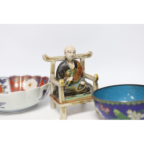 404 - A Chinese enamelled yixing teapot and cloisonné bowl together with a Japanese Imari bowl and a Satsu... 