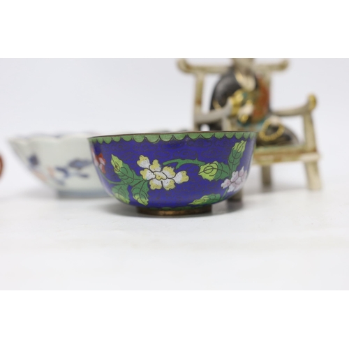 404 - A Chinese enamelled yixing teapot and cloisonné bowl together with a Japanese Imari bowl and a Satsu... 