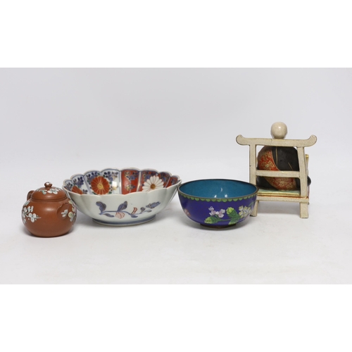 404 - A Chinese enamelled yixing teapot and cloisonné bowl together with a Japanese Imari bowl and a Satsu... 