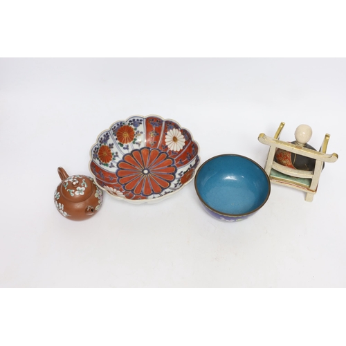 404 - A Chinese enamelled yixing teapot and cloisonné bowl together with a Japanese Imari bowl and a Satsu... 