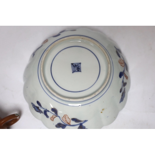 404 - A Chinese enamelled yixing teapot and cloisonné bowl together with a Japanese Imari bowl and a Satsu... 