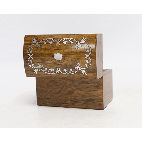 406 - A 19th century mother-of-pearl inlaid rosewood travelling toilet box with two white metal mounted bo... 