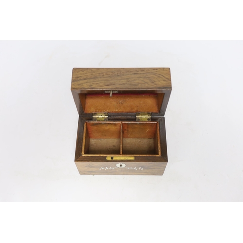 406 - A 19th century mother-of-pearl inlaid rosewood travelling toilet box with two white metal mounted bo... 