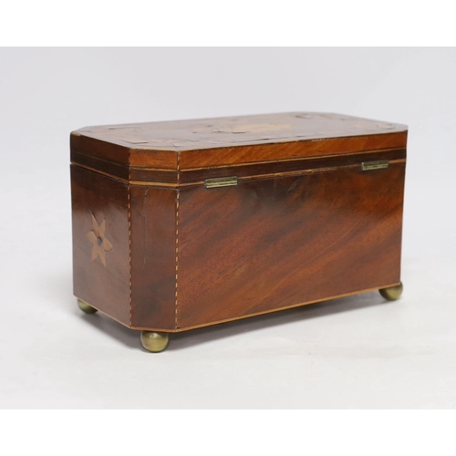 408 - An early 19th century shell inlaid cross banded mahogany tea caddy, 26cm wide