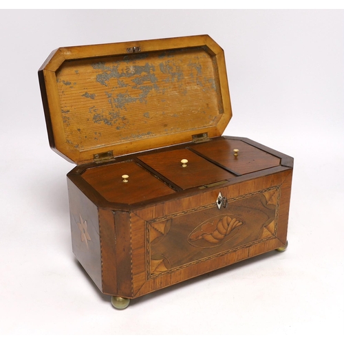 408 - An early 19th century shell inlaid cross banded mahogany tea caddy, 26cm wide