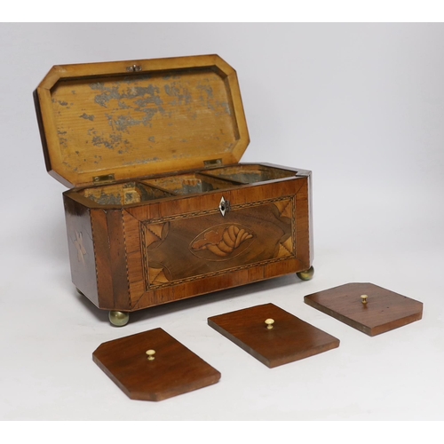 408 - An early 19th century shell inlaid cross banded mahogany tea caddy, 26cm wide