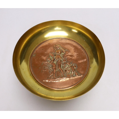 409 - A bronze and copper embossed tazza, early 20th century, 19.5cm