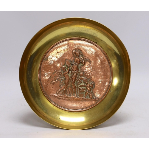 409 - A bronze and copper embossed tazza, early 20th century, 19.5cm