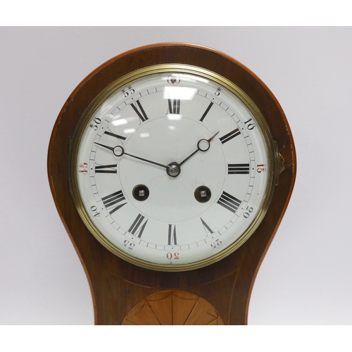 414 - An Edwardian inlaid mantel clock, with key, 30cm